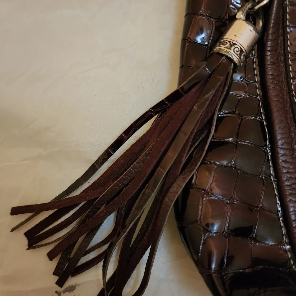 Brighton Purple Croc Embossed Leather Tote Shoulder Bag Purse Tassel Silvertone